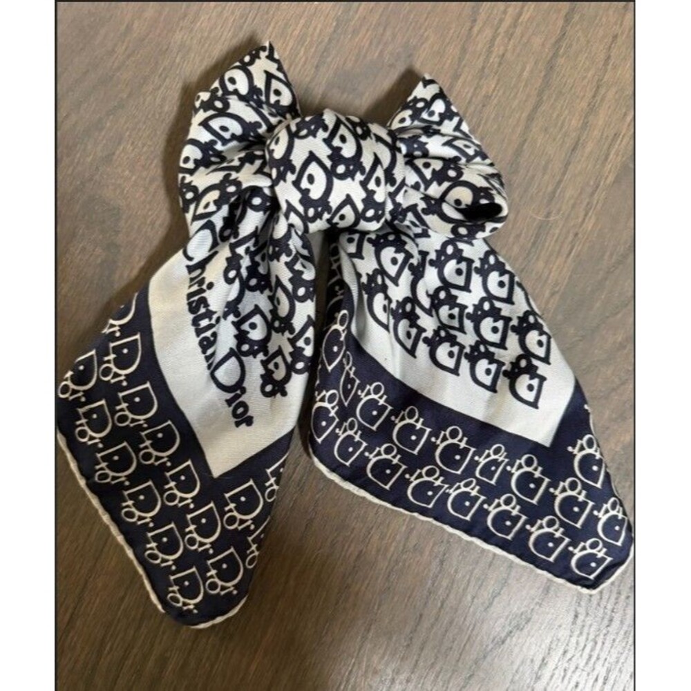 CHRISTIAN DIOR Vintage Silk Oblique Monogram Bow Scarf Hair Tie Navy Blue Cream